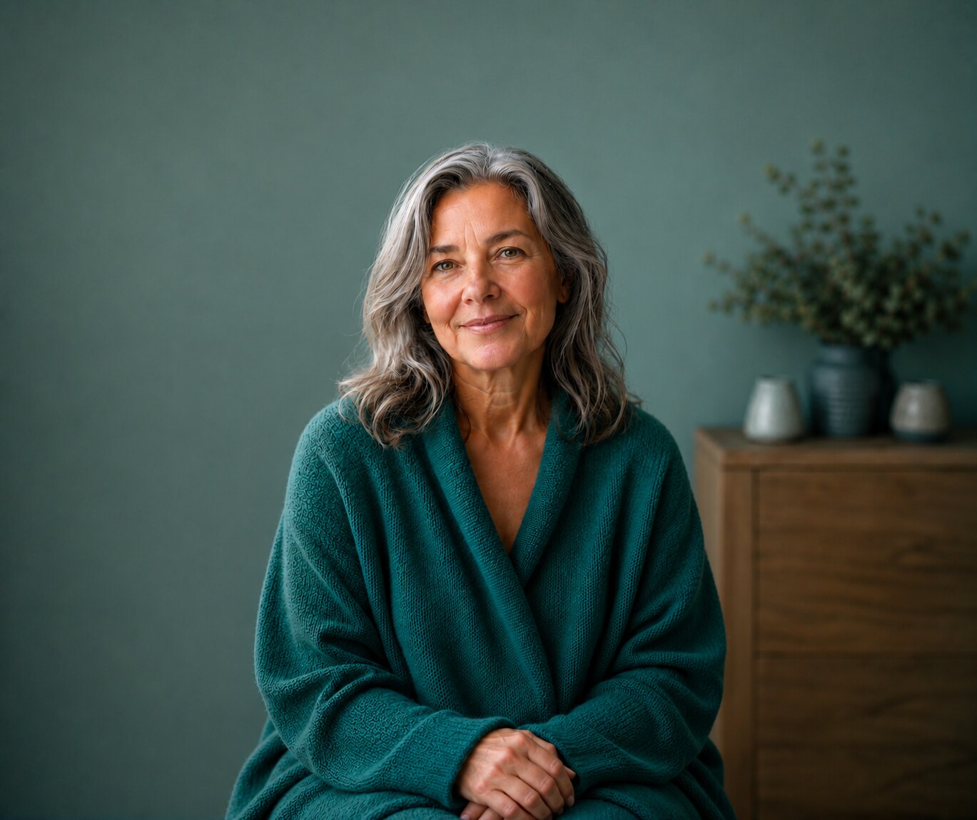 Smiling woman in her fifties with clear, comfortable eyes, wearing a deep teal sweater